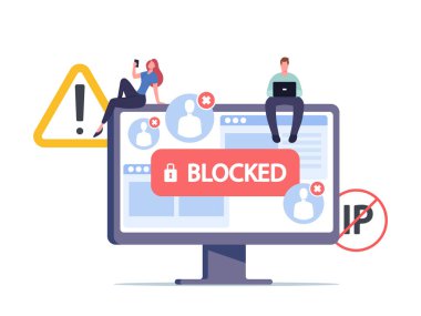 Sansür Engelleme veya Fidye Faaliyet Güvenliği. Dev Bilgisayar Monitöründe Oturan Küçük Erkek ve Kadın Karakterler