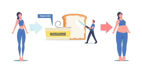 Slanke vrouw worden vet oorzaken eten Trans Fats en Margarine Cholesterol producten. Kleine Man zet Spread op Enorme Toast — Stockvector