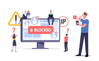 Dev Bilgisayar Monitörü 'nün, ekranda engellenmiş hesabı olan küçük erkek ve kadın karakterleri. Hacker Siber Saldırısı