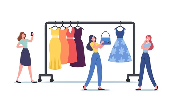 Femme Chat avec Wardrobe Consultant en ligne via Smartphone. Caractère Féminin Choisissez robe en magasin avec styliste de mode — Image vectorielle