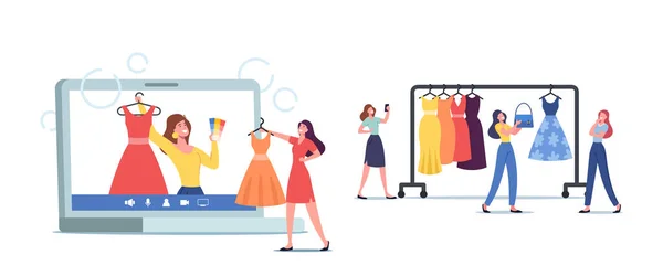 Consultor de guarda-roupa em Laptop Screen Advice to Women about Design Issues and Clients Clothes. Estilista de moda pessoal —  Vetores de Stock