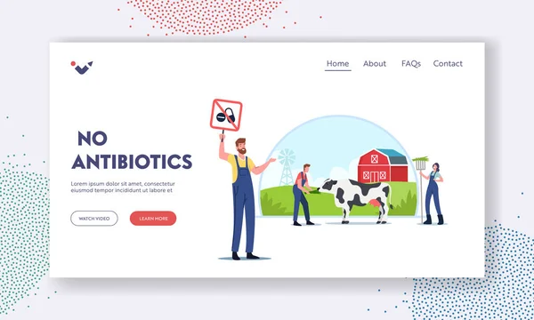 Žádná šablona přistávací stránky antibiotik. Eco Farming, Charakter Podepisování petice pro chov zvířat bez hormonů — Stockový vektor