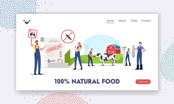 Naturlig mat landning Page Mall. Karaktärer som undertecknar framställningen om hållbart ekologiskt jordbruk, jordbruk, djurhållning — Stock vektor