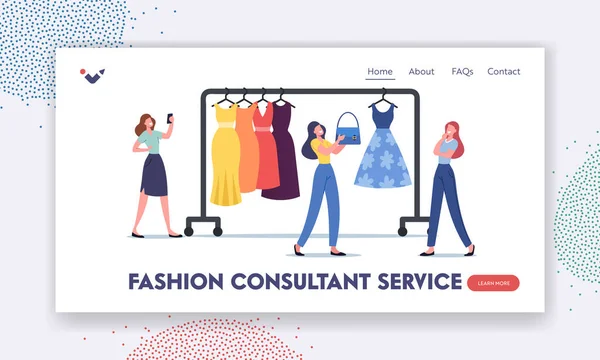 Personal Fashion Stylist Service Landing Page Template. Woman Chatting with Wardrobe Consultant Online via Smartphone — Stock Vector