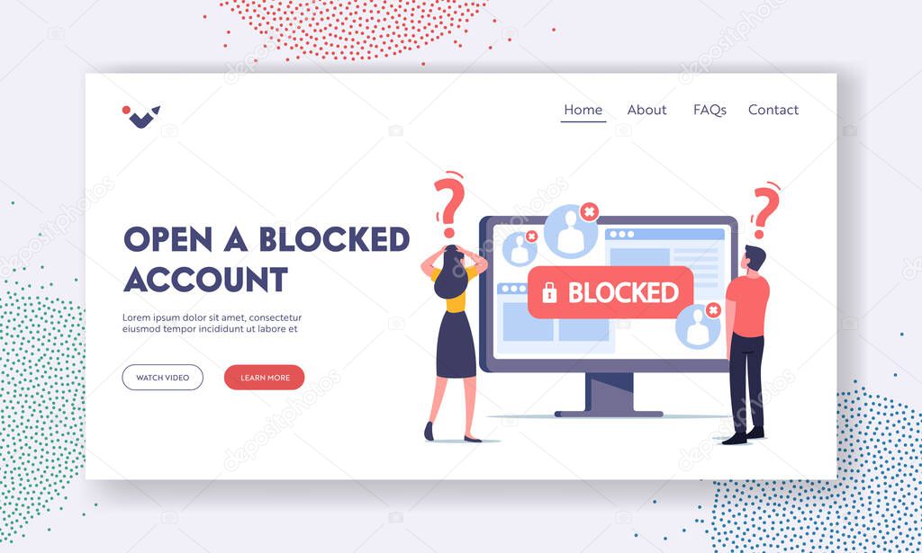 Open Blocked Account Landing Page Template. Tiny Characters at Huge Computer Monitor with Blocked Account on Screen