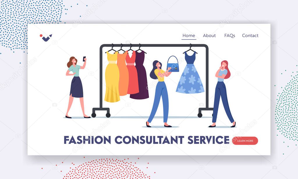 Personal Fashion Stylist Service Landing Page Template. Woman Chatting with Wardrobe Consultant Online via Smartphone