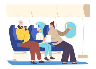 Uçağın İçinde Aile. Baba, Anne ve Oğul Kol Sandalyesinde Gadgets İletişim ve Pencere Görünümüne hayran