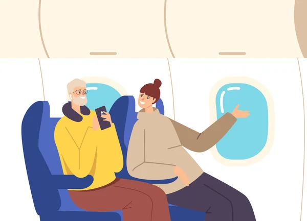 Happy Couple survole l'avion. Personnages de la famille Mari avec oreiller de voyage et Smartphone et femme assis sur des fauteuils — Image vectorielle