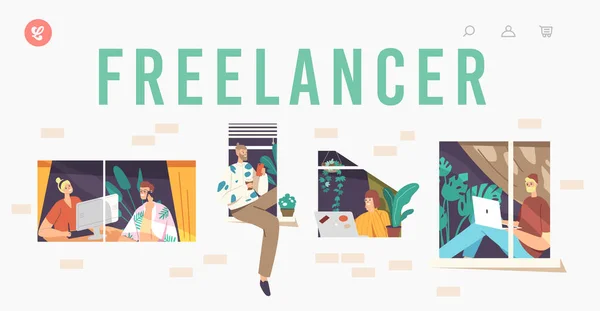 Freelancer Landing Page Template. Personaggi rilassati in Windows. Posto di lavoro remoto, lavoro esternalizzato freelance — Vettoriale Stock