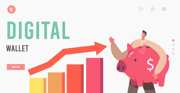 Digitale Wallet Landing Page Template. Man karakter met enorme Piggy Bank in handen staan in de buurt van stijgende pijl Grafiek — Stockvector