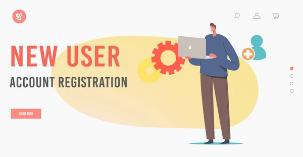 Neue Benutzer-Online-Registrierung, Erstellen Sie ein Konto über Device Landing Page Template. Charakter mit Laptop auf Webseite anmelden — Stockvektor