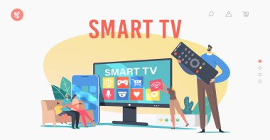Akıllı Tv İniş Şablonu. Küçük Aile Karakterleri Büyük Televizyon Televizyonunda Uzaktan Kumandalı İzleme Videosu