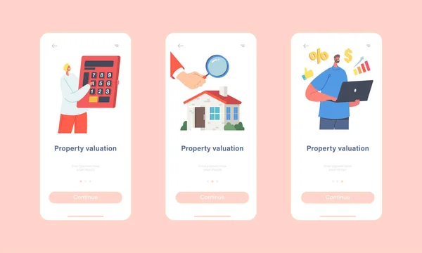 부동산 가치 모바일 앱 페이지온 보드 스크린 템플릿. 주택 검시, 집수리하는 사람들의 특징 — 스톡 벡터