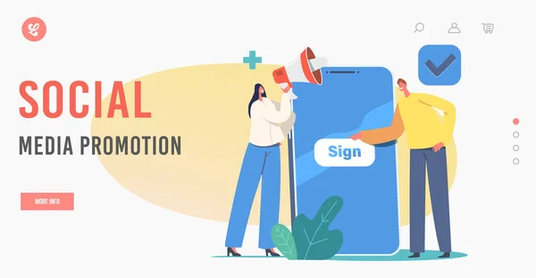 Social Media Marknadsföring Landning Page Mall. Ny användare Online Registrering. Små tecken registrera dig på enorma Smartphone — Stock vektor