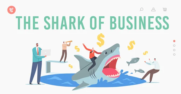 ビジネスランディングページテンプレートのサメ。勇敢なビジネスマン恐怖のキャラクターと巨大な危険なサメに乗って周り — ストックベクタ
