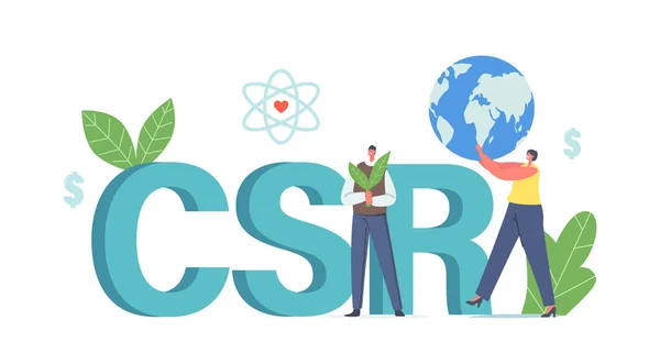 Csr, Corporate Social Responsibility. Персонаж деловой женщины с Земным глобусом, бизнесмен с растением. Эко-модель — стоковый вектор