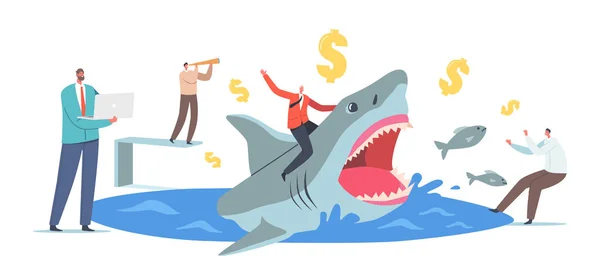 Statečný podnikatel jezdící na nebezpečném žralokovi s vystrašenými postavami. Profesionální podnikatelé, podnikatelé — Stockový vektor