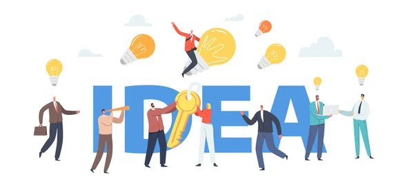Concepto de idea creativa. Personajes de negocios con enormes bombillas iluminadas, equipo de búsqueda de nuevas ideas para el proyecto — Vector de stock