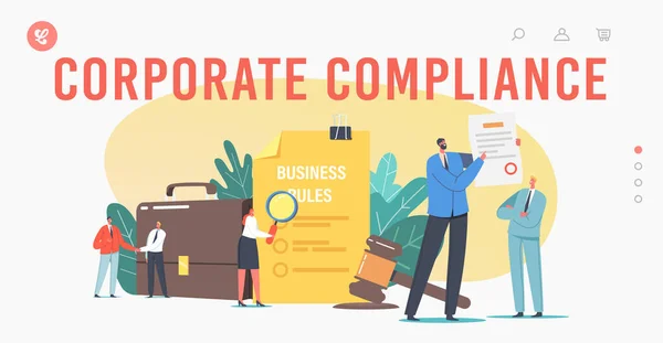 Personajes pequeños Leer las reglas de cumplimiento corporativo Plantilla de landing page. Representación de las leyes comerciales, reglamentos — Archivo Imágenes Vectoriales