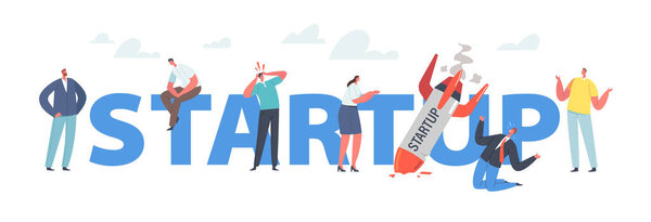 Запуск, неудача бизнеса, крах. Персонажи бизнеса стоят на горящем старте ракеты. Не рабочий проект