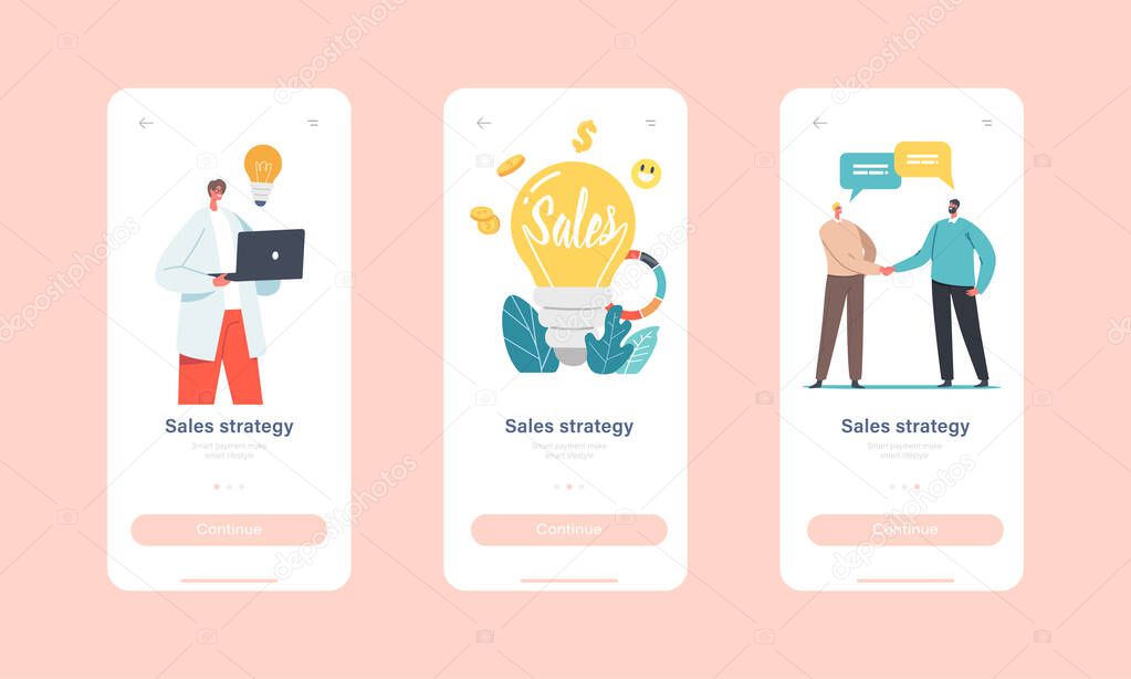 Sales Strategies Mobile App Page Onboard Screen Template. Tiny Businessmen and Businesswomen Characters at Light Bulb