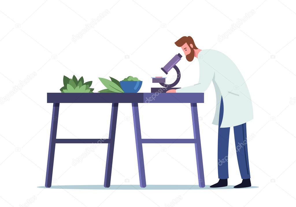 Male Doctor Pharmacist Research Properties of Natural Plants through Microscope in Laboratory for Making Homeopathy