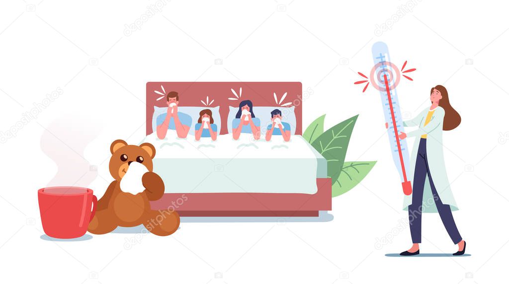 Ill Family Characters Sit in Bed with Fever, Sneezing with Runny Nose. Contagious Flu or Viral Disease Infection Symptom