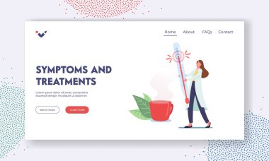 Viral Hastalık Semptomları ve Tedavi İniş Şablonu. Tıbbi Cüppeli Küçük Doktor Termometre Tutuyor