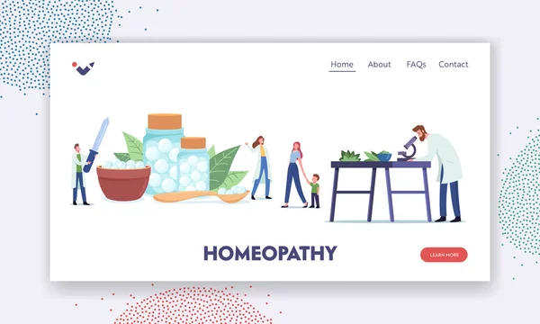 Homöopathie Landing Page Template. Apotheker Charaktere Forschung Alternative organische Kräutermedizin, Gesundheitsbehandlung — Stockvektor