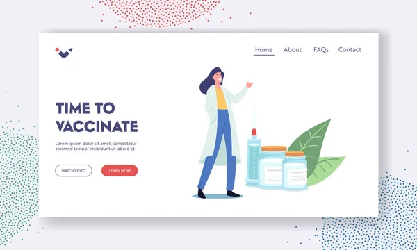 Medizinische Impfung Landing Page Template. Winzige Ärztin mit riesiger Spritze lädt zur Immunisierung ein — Stockvektor
