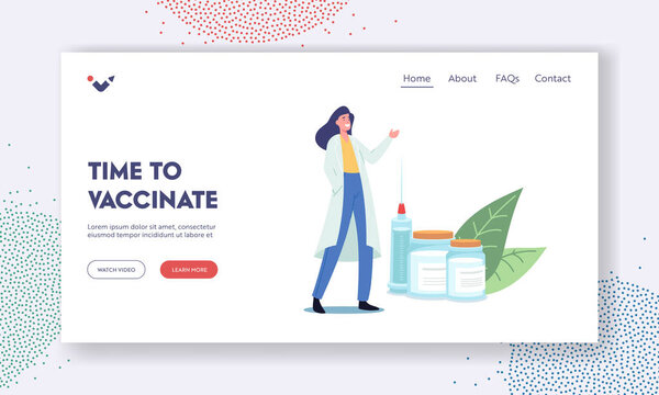 Medical Vaccination Landing Page Template. Tiny Female Doctor Character with Huge Syringe Invite for Immunization