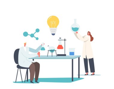Kimya Bilimi Araştırma ve Geliştirme. Ekipman ve Flasks ile Kimya Laboratuvarında Bilim Adamları Karakterleri