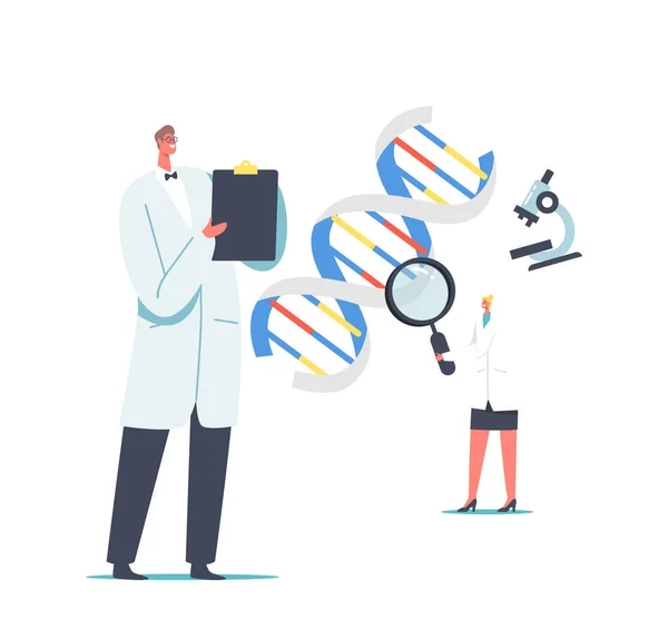 Laboratory Research and Development. Medicine Technology Genetic Testing. Scientists Characters Working with Dna — Stock Vector