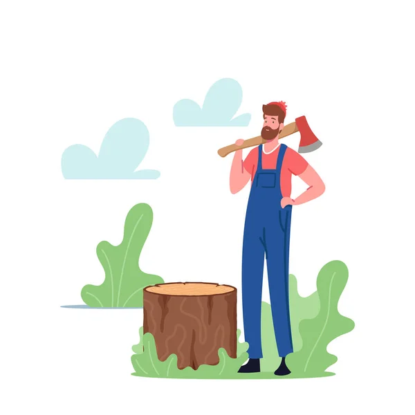 나무를 자르는 사람. ( 영어 ) LumberJack Character with Axe on Shoulder in Forest. 나무 산업 노동자, 삼림 훼손 — 스톡 벡터