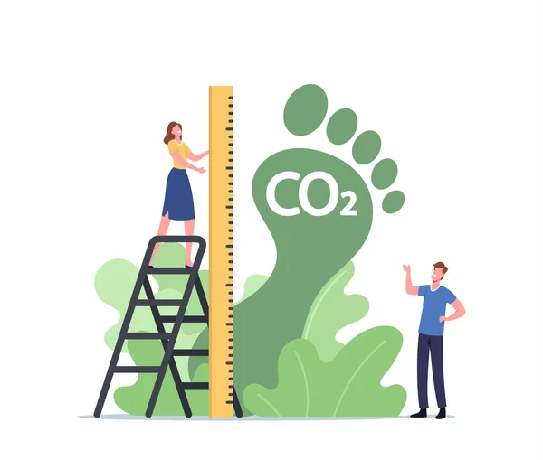 Mesure du caractère féminin minuscule Pied vert énorme, pollution par l'empreinte carbone, concept d'impact environnemental des émissions de CO2 — Image vectorielle