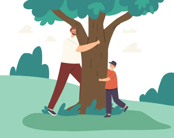 Šťastný otec a syn objímání, Love Tree, hrát si na schovávanou a běhat kolem. Rodinné znaky Venkovní rekreace — Stockový vektor