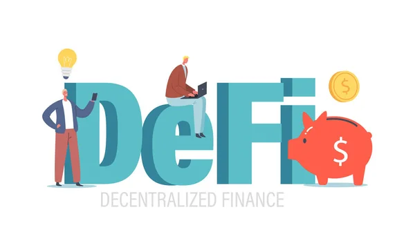 DeFi, gedecentraliseerde financiën. Kleine ondernemers met Enorme Piggy Bank en gloeilamp Werk op Cryptogeld markt — Stockvector