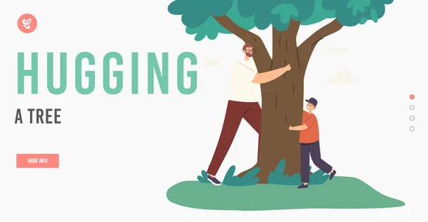 Happy Father and Son Hugging Tree Landing Page Template. Personnages de la famille jouant à cache-cache et courir partout — Image vectorielle