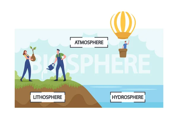 Personnes présentant des infographies sur la biosphère. Earth Atmosphere, Lithosphere and Hydrospehre. Caractères minuscules plantes d'arrosage — Image vectorielle