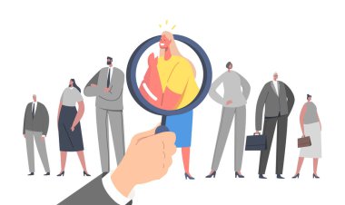 İş Bulma, İş Bulma Konsepti. Büyük El Seçimi İş Kadını Karakteri Kalabalığın Arasında Duruyor. Adayı Ara