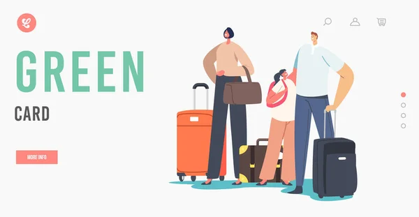 Green Card Landing Page Vorlage. Touristenfamilie mit Kind im Koffer im Urlaub im Ausland — Stockvektor