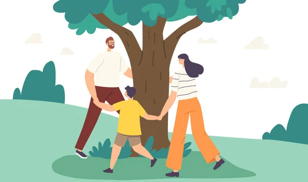 Love Tree Konzept. Zweisamkeit, Freizeitaktivitäten im Freien, Sommererholung. Mutter, Vater und Kind halten Händchen — Stockvektor