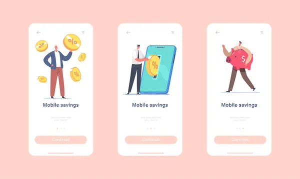 Mobilní spoření Mobilní aplikace Page On board Screen Template. Drobné postavy vložte zlaté mince do obrovské obrazovky Smartphone — Stockový vektor