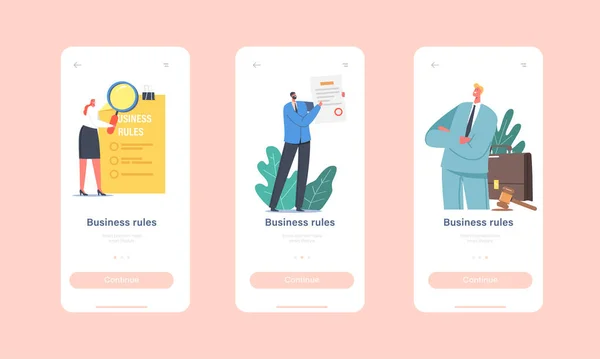 Pagina delle app mobili Business News Modello a bordo dello schermo. Personaggi Leggi Regole, Cultura e Politiche di Conformità Aziendale — Vettoriale Stock