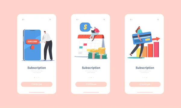 サブスクリプションサービスインターネットテクノロジーモバイルアプリページオンボード画面テンプレート。登場人物｜スマートフォンで購読 — ストックベクタ