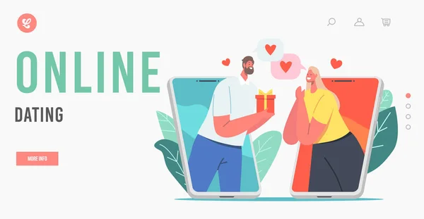 Online Dating Landing Πρότυπο σελίδας. Σύγχρονη ρομαντική σχέση. Αρσενικό χαρακτήρα δίνοντας δώρο στη γυναίκα στο Smartphone — Διανυσματικό Αρχείο