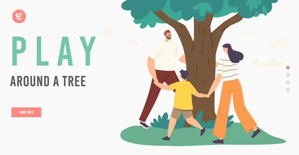 Mère, père et enfant Happy Family Characters Dance around Tree Landing Page Template. Arbre d'amour, ensemble — Image vectorielle
