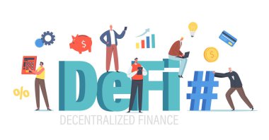 DeFi, Yerel Finans. Dev Hesap Makinesi, Etiket, Domuzcuk Bankası ve Kripto Para Birimi olan Küçük İş Adamları Karakterleri