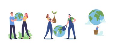 Dünya Ellerde, Gezegeni Kurtarma Konsepti. Dünya 'yı Tutan Erkek ve Kadın Karakterler. Ekoloji Koruma, Dünya Günü