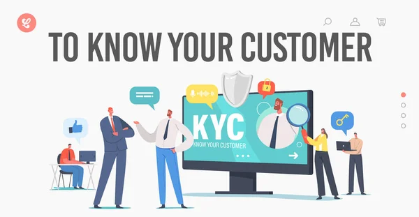 KYC, conoce la plantilla de tu landing page de clientes. Verificación de la identidad de los clientes y evaluación de su idoneidad — Vector de stock